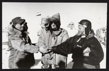 Image: Admiral Dufek, Sir Edmund Hillary and Sir Vivian Fuchs greet each other at the South Pole