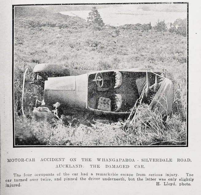 Motor-car accident on the Whangaparaoa/Silverdale road, Auckland: the damaged car