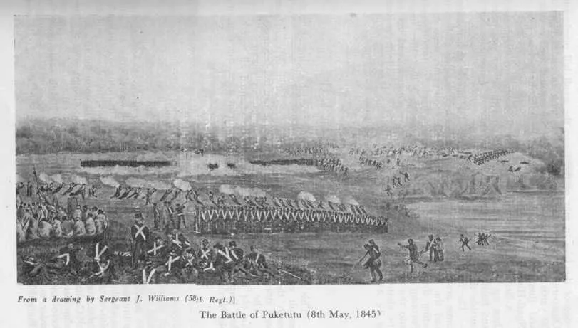 From a drawing by Sergeant J. Williams (58th Regt.)] The Battle of Puketutu (8th May, 1845)