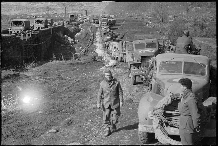 Water carts lined up on NZ Sector of the 5th Army Front in southern Italy, World War II - Photograph taken by George Kaye