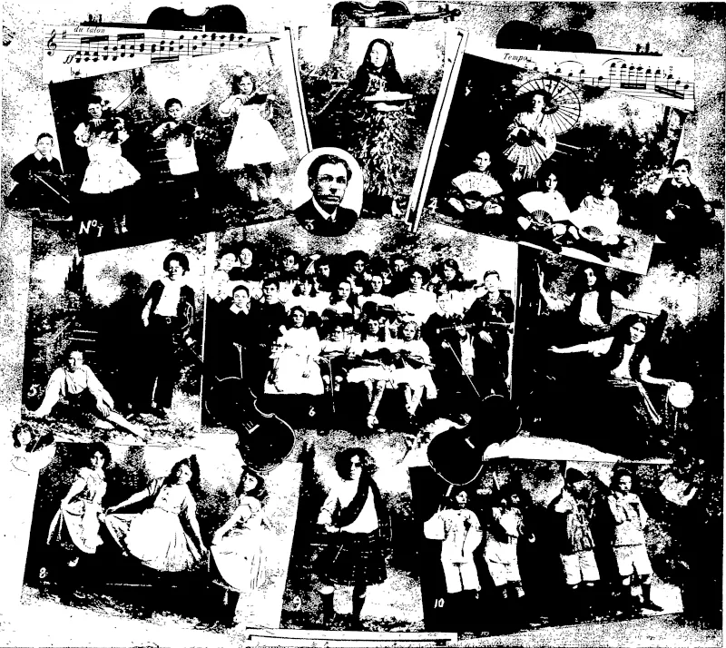 1—A Trio • Miss Mannrie Ambler, Master Lissack, Miss Winnie Mouton. No. 2—Miss Eugie Russell as New Zealand ; Dreadnought in hand. No 3—Mr. H. Percival Clarke. No 4 • Japanese Fan Song • Misses M. Potier, M. Ambler, K. Hickey, and 0. Marshall. No. 5—Christmas Bells (the two little waifs) : Misses Nella Kane and V. Little. No. 6— Group of Young Violinists—Back Row : Misses Gleeson, Bates, Pinhey, McGarrey, and Muncaster, Master Pierce, Miss Smith. Middle Row : Masters Eilstone and Kavoleski, Misses C Hannan E Bussell, V. Evens, and Cunningham, Masters Adams and Backhouse. Front Row: Master Guthrie, Misses Evens, Lissack, Ambler, and Mouton. No. 7— Tambourine Dance: Misses Marshall and Waller. No. 8—Irish Jig: Misses K. Little, I. Eooney, and K. Hickey. No. 9-Highland Fling. Miss D. Guise. No. 10-Chinee " Sojee " Men from " San Toy " : Misses I. Eooney, K. Wareham, C. Hannan, and E. Bussell, (New Zealand Free Lance, 24 July 1909)