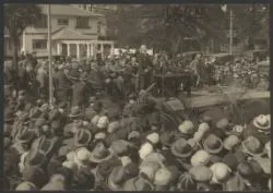 Sir Heaton Rhodes speaking at civic reception, with Charles Kingsford Smith in RAAF uniform, Charles Ulm and T.H. McWilliam seated in front row, Christchurch, New Zealand, 11 September 1928 / Weekly Press