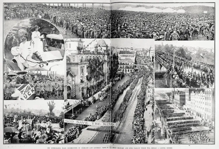 The enthusiastic peace celebrations in Auckland last Saturday: views of the great military and civic pageant which will remain a lasting memory