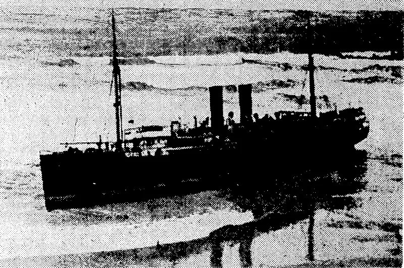 Many will remember the Maheno as the Union Company's intercolonial liner. This aerial photograph shows her as she. was in 1935, stranded on Fraser Island, off the Queensland coasts while being toived to Japan. Reference to the Maheno's final mishap is contained in a paragraph on this page. (Evening Post, 19 August 1939)
