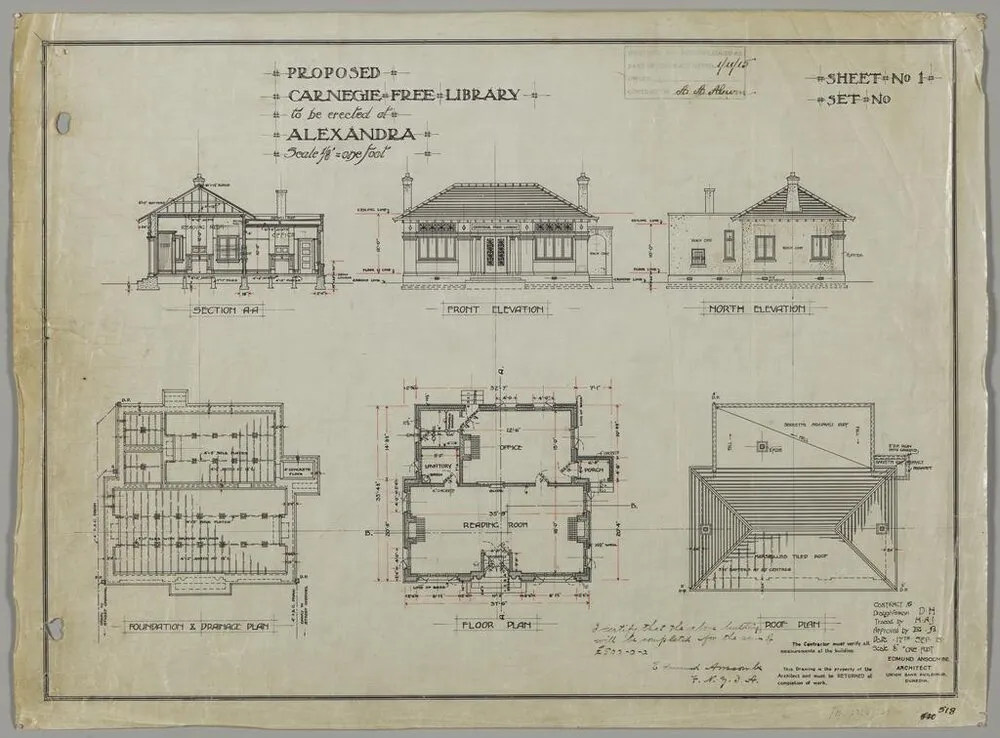 No. 518. Plans for Carnegie Free Library, Alexandra, Edmund Anscombe architect. Sheet 1.