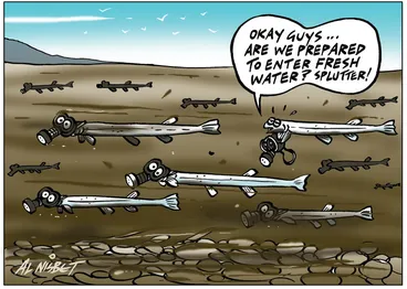 Image: Nisbet, Alastair, 1958- :'Okay guys...are we prepared to enter fresh water? splutter!' 18 October 2012