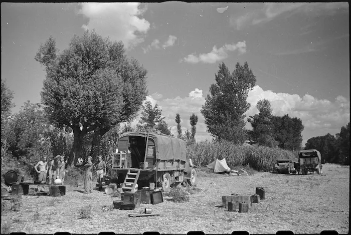 New Zealand Engineers camped on dried up Pisa River bed near Florence, Italy, World War II - Photograph taken by George Kaye