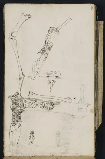Image: Mantell, Walter Baldock Durrant, 1820-1895 :[Design for fireplace and mantlepiece, with moa bones placed on top. 1848]