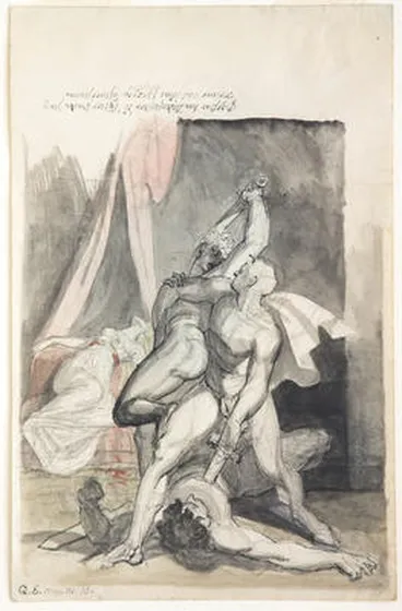 Image: Ixion slaying Phorbas and Polymelus in revenge of his mother, Megara, who, having refused them as suitors, was killed by them
