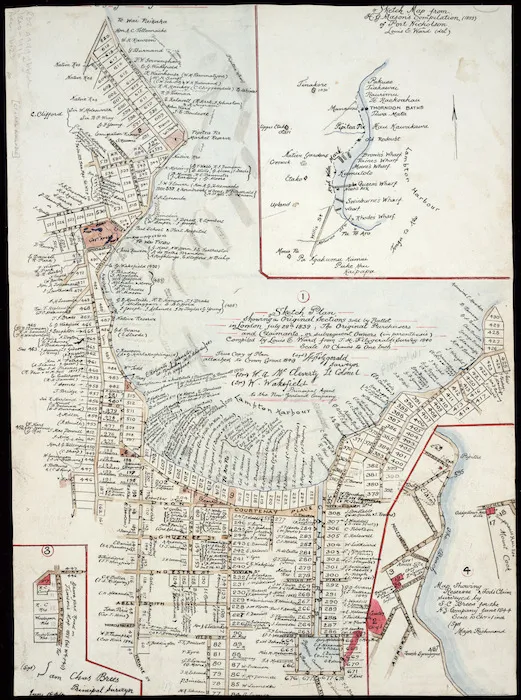 Ward, Louis Ernest, 1866-1938: Sketch plan. Showing the Original Sections sold by Ballot in London July 29th 1839; The Original Purchasers and Claimants, or subsequent Owners (in parenthesis) Compiled by Louis E. Ward from T H Fitzgerald's Survey. 1840