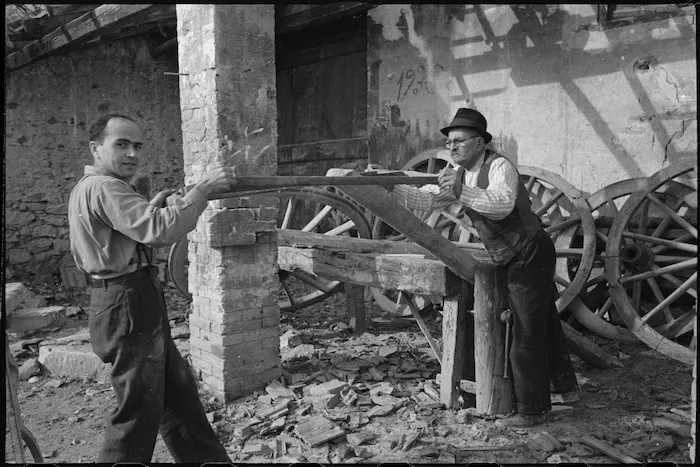Italian wheelwrights at work in village behind the NZ Sector of the Italian Front in World War II - Photograph taken by George Kaye
