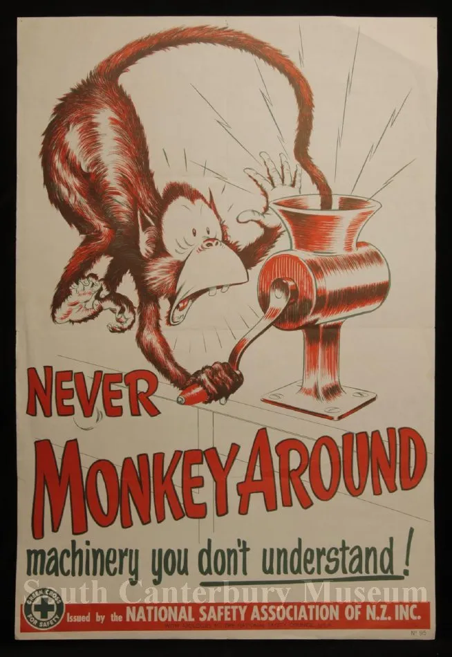 Never monkey around machinery you don't understand! [National Safety Association of NZ safety poster] Poster
