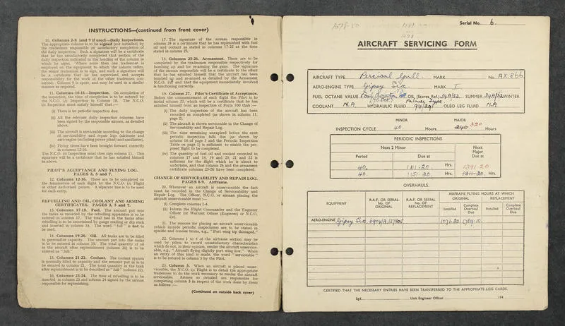 R.A.F. form 700 : Aircraft servicing form for aircraft AX-866, formerly Jean Batten's Percival Gull G-ADPR
