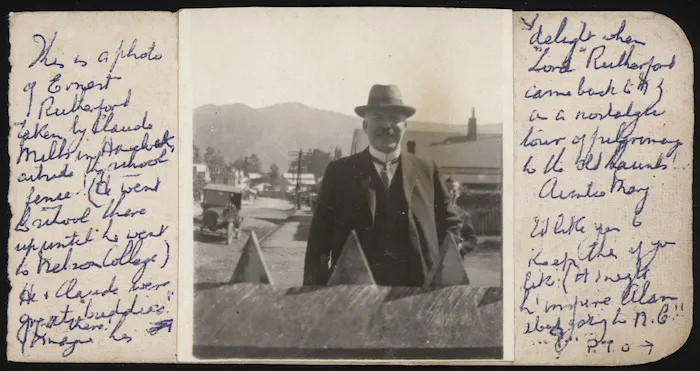 King, June, fl 1975: Photograph of Ernest Rutherford outside the school fence, Havelock - Photograph taken by Claude Mills