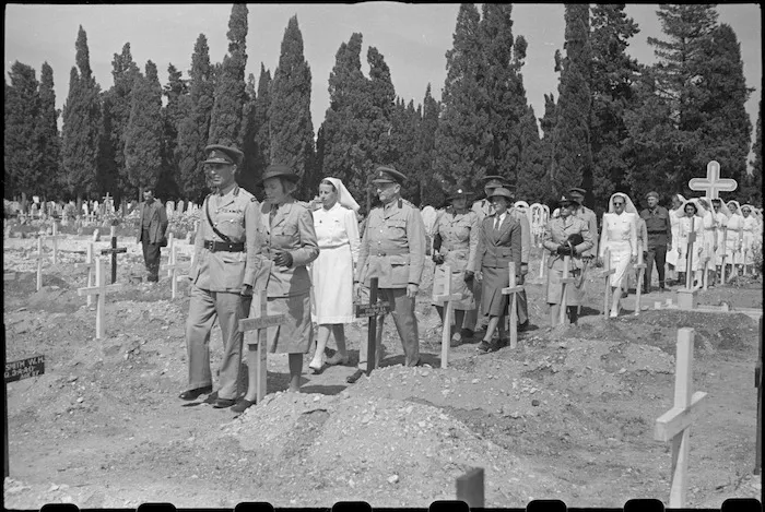 Senior officers and nursing staff attending funeral of Sister A S Crampton at 3 NZ General Hospital, Italy, World War II - Photograph taken by George Bull