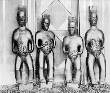 Image: Four pou tokomanawa from the meeting house at the Waiohiki marae