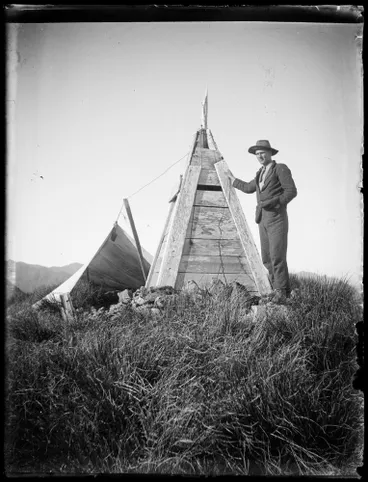 Image: Leslie Adkin at camp by Mt Dundas trig