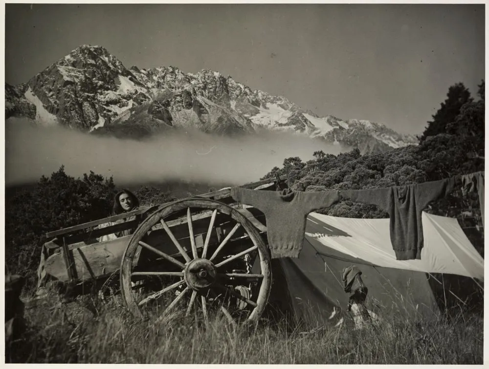 Dorothy in old cart, Rakaia River