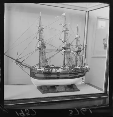 Image: Model of Captain James Cook's Endeavour, exhibited at Dominion Museum