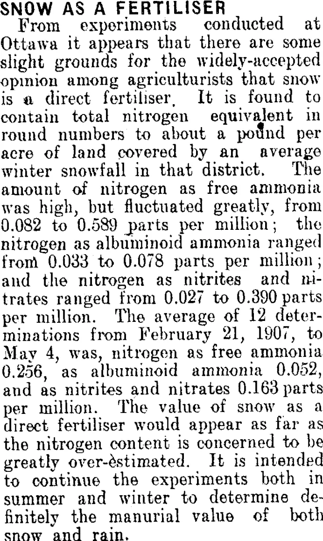 SNOW AS A FERTILISER. (Clutha Leader 16-11-1909)