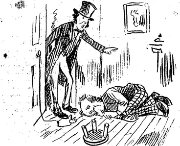 Image: I'll tiedt to the dare, an' let some wan else pull it out." The tooth out at last. (Observer, 30 January 1886)