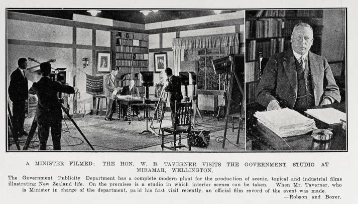 A Minister filmed: the Hon. W.B. Taverner visits the Government Studio at Miramar, Wellington