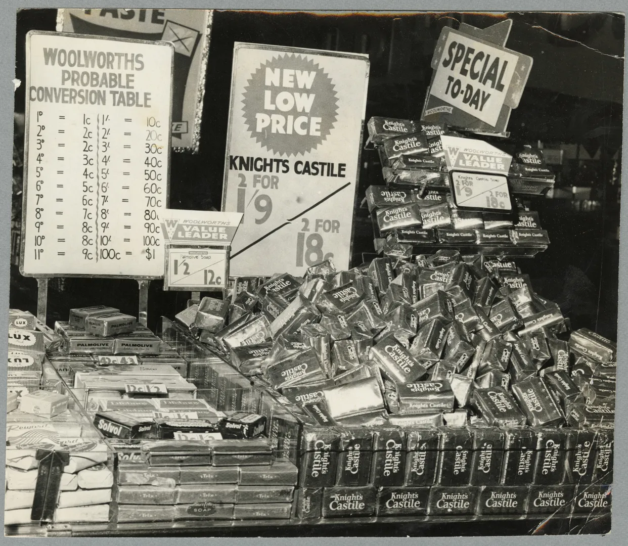 Soap display with decimal conversion chart, Woolworths
