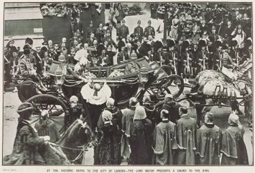Image: At the historic gates to the City of London - the Lord Mayor presents a sword to the King