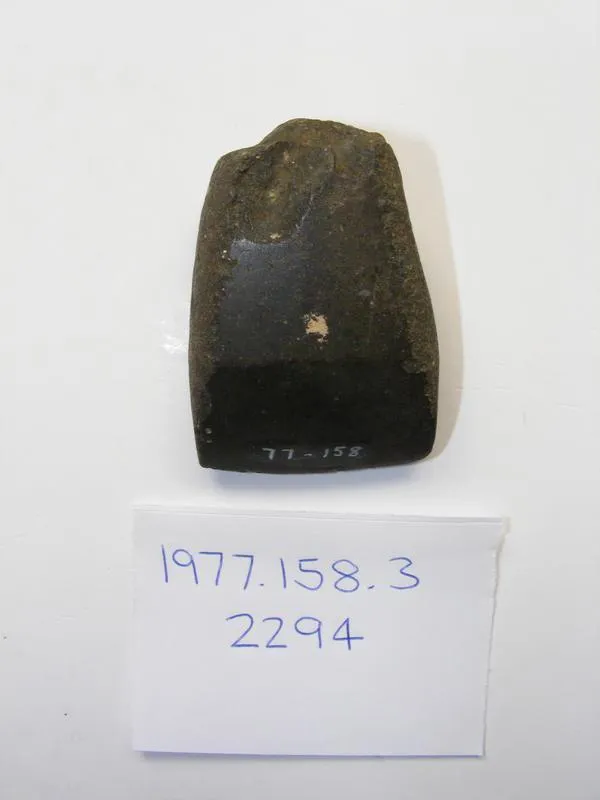 Argillite adze. Chipped at blade end, around lateral edges and at poll. Partially polished. Dark stone.