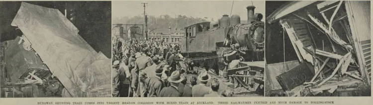 Runaway shunting train comes into violent head-on collision with mixed train at Auckland: three railwaymen injured and much damage to rolling-stock