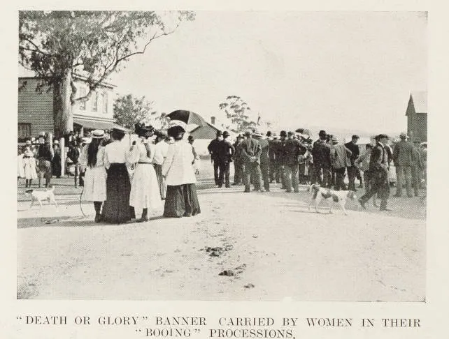 'Death or glory' banner carried by women in their 'booing' processions