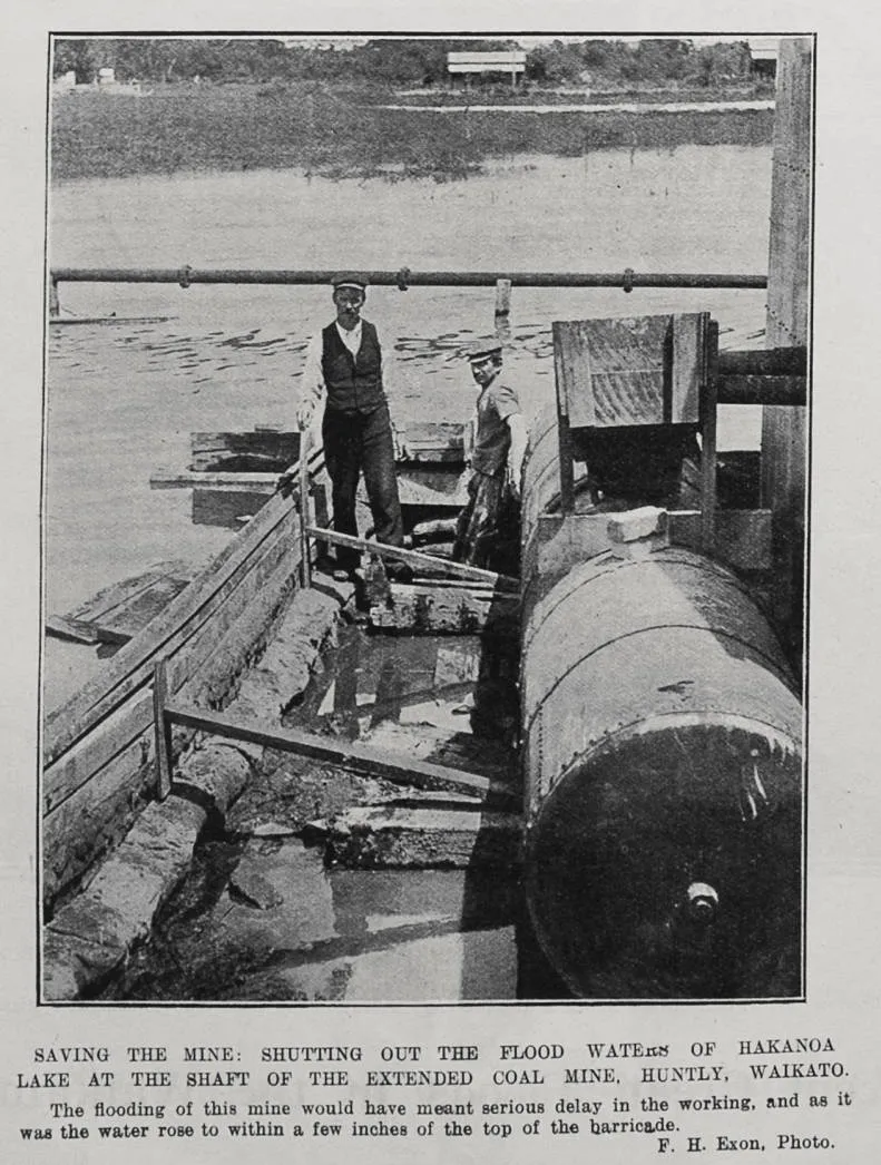 SAVING THE MINE: SHUTTING OUT THE FLOOD WATERS OF HAKANOA LAKE AT THE SHAF OF THE EXTENDED COAL MINE, HUNTLY, WAIKATO