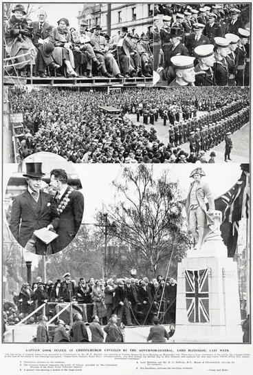 Image: Captain cook statue at Christchurch unveiled by the governor-General, Lord Bledisloe, last week