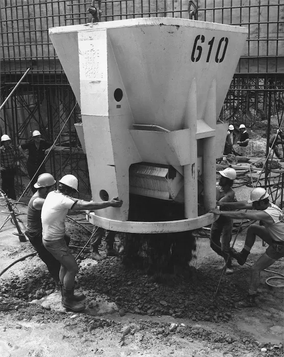 A concrete pour, Clyde Dam, Otago, New Zealand