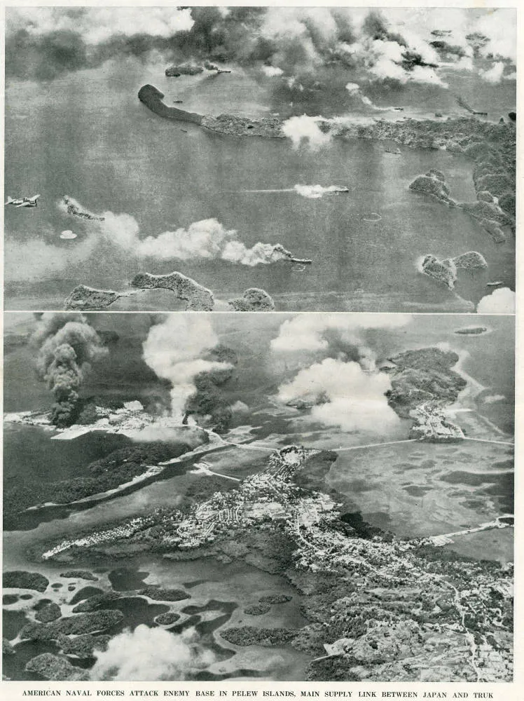 American naval forces attack enemy base in Pelew Island, main supply link between Japan and Truk