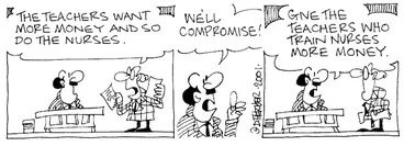 Image: Fletcher, David 1952-:'The teachers want more money and so do the nurses.' 'We'll compromise!...Give the teachers who train nurses more money.' The Dominion, 06 December 2001.