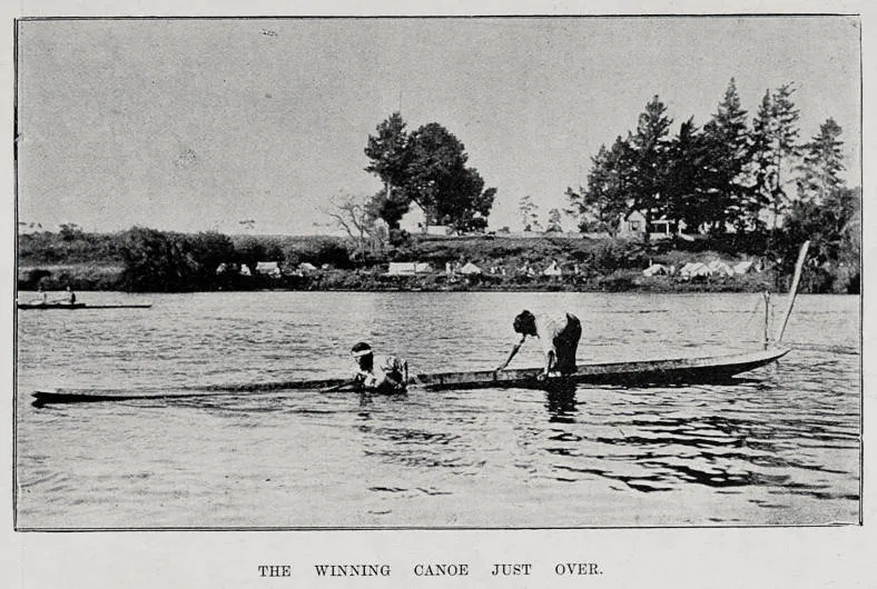 A popular event: The Wahine Canoe Hurdle Race: The winning Canoe just over