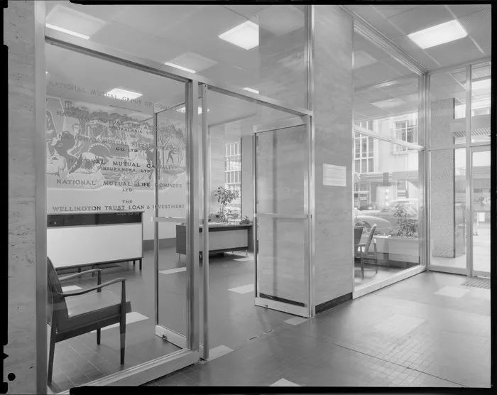 National Mutual Life Assurance, offices, reception area with mural, Wellington