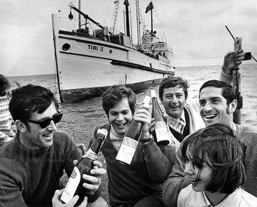 Celebrating the last seaborne Radio Hauraki broadcast, 1970 Image: Celebrating the last seaborne Radio Hauraki broadcast, 1970