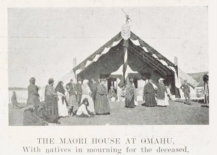The Māori house at Omahu, with natives in mourning for the deceased
