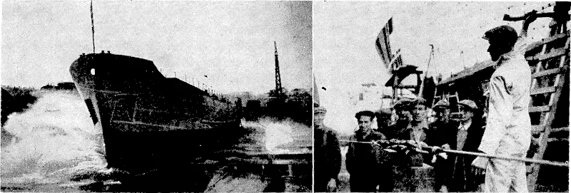 Several of the instruments for high-speed radio telegraph reception and for radio telephony for the Post Office services at Wellington. Signals received are passed by telephone lines either to the Telegraph Office at the General Post Office, Wellington, or to the Toll Exchange, Stout Street. Aerials at Makara Radio Station for the jfellington-to-Sydney telephone service are maintained in good condition by periodical inspection in the manner shown in the photograph. The aerials themselves are known as arrays, and are placed direclionally towards the transmitting stations. H.M.S. Ripon, a Fleet Air Arm jerry, being launched sideways in a specially-dredged and prepared creek at the Faversham shipyard of Messrs. James Pollock and Sons. The Ripon has been designed for special work in Japanese waters in close support of the Allied air forces. On the right the foreman shipwright swings his axe to cut the rope which released the Ripon, seen on the left sliding into the water. (Evening Post, 28 June 1945)