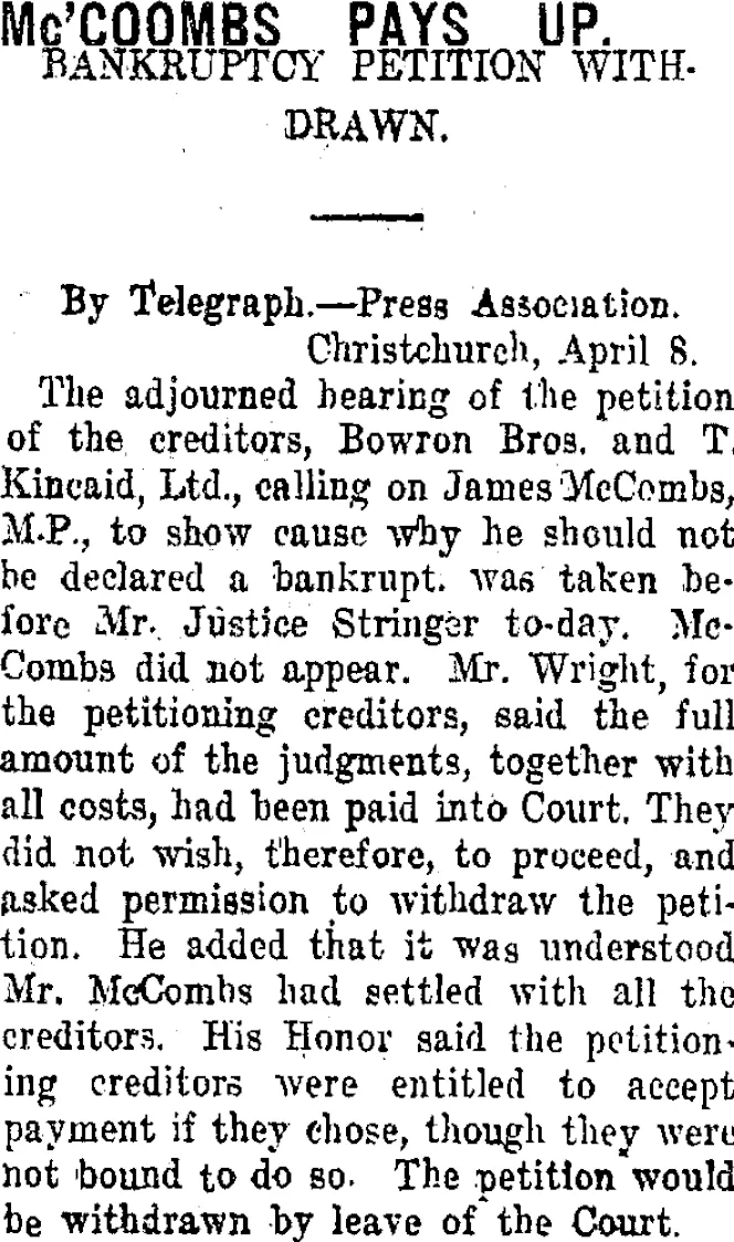 Mc'COOMBS PAYS UP. (Taranaki Daily News 9-4-1918)