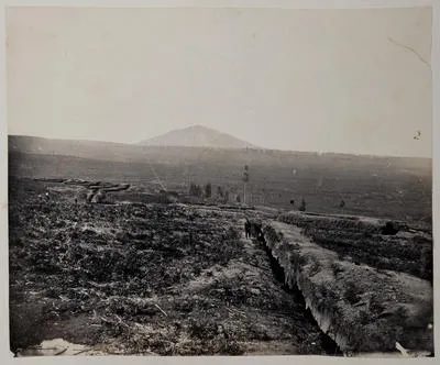 View of the lines of rifle pits connecting the redoubts at Paterangi Kakepuku Mt in the distance New Zealand