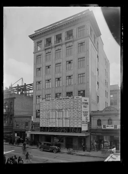 The Evening Post Building Wellington showing 1928 election returns