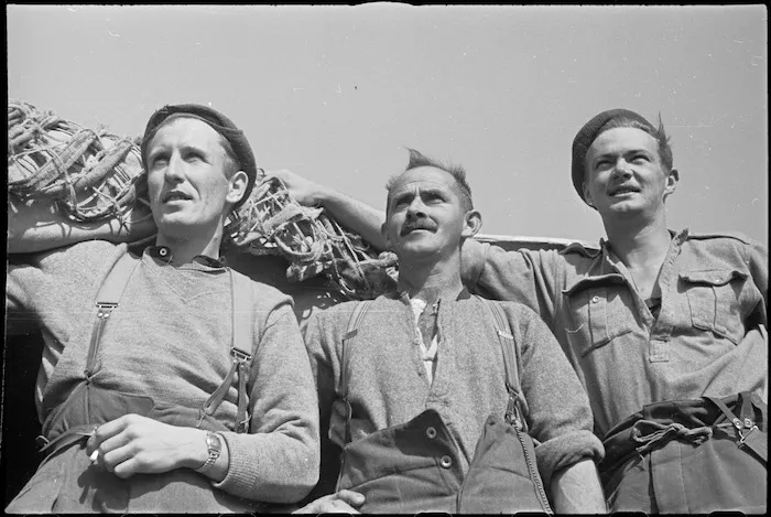 Three NZ frontline infantrymen resting immediately behind the lines on the Cassino Front, Italy, World War II - Photograph taken by George Kaye