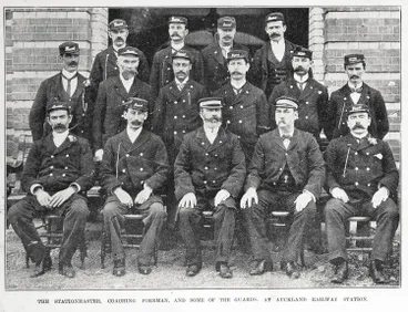 The stationmaster, coaching foreman, and some of the guards, at Auckland Railway Station Image: The stationmaster, coaching foreman, and some of the guards, at Auckland Railway Station