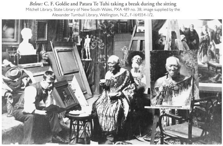 Below: C. F. Goldie and Patara Te Tuhi taking a break during the sitting. Mitchell Library, State Library of New South Wales, PXA 489 no. 38; image supplied by the Alexander Turnbull Library, Wellington, N.Z., F-164554-1/2