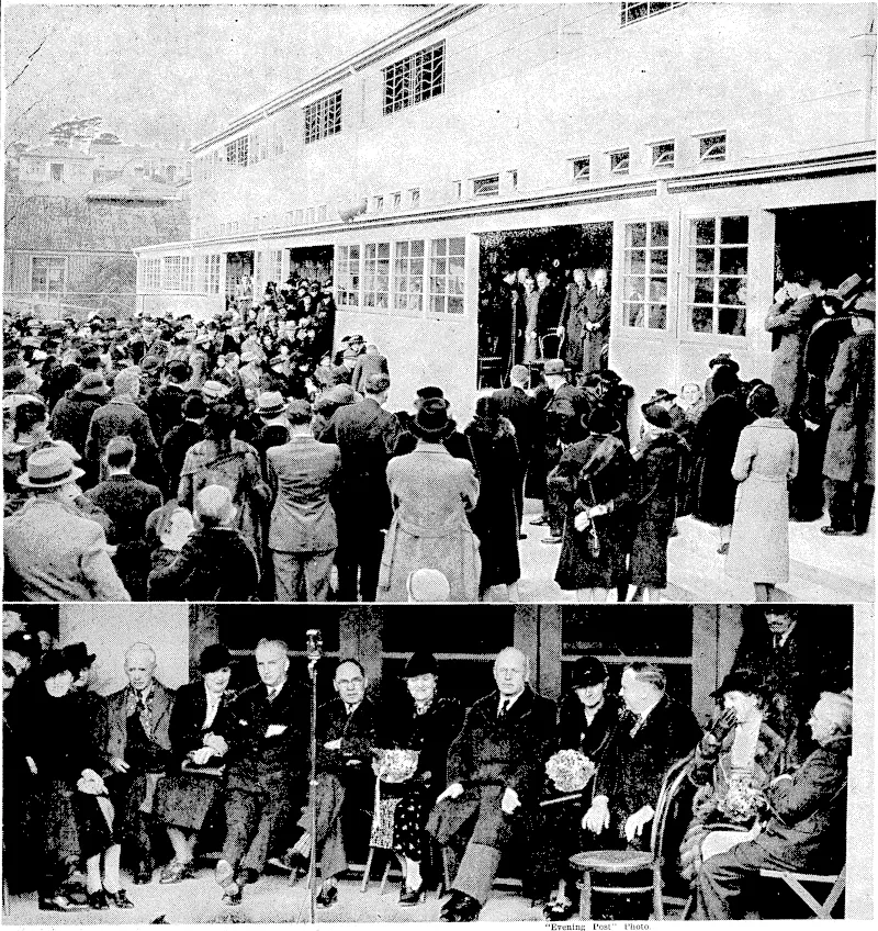 Scenes ,at the official opening of the Newtown School on Saturday. At top, parents and pupils assemblingin front of the neiv building, one of the most up-to-date schools in the Dominion. Below, theMayor,Mr.T.C.A. Hislop, is to tlie left ofthe microphone, and to the right are Mr. R. McKeen, MIP., mem/ber for the district, the Hon. P. Fraser, Minister of Education, who declared the neiv building open, and Mr. W.V.Dyer, chairman ofA the Wellington Education Board. (Evening Post, 19 June 1939)