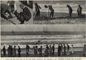 Image: Laying the new shore end of the Cook Strait telegraph and telephone cable: operations at Lyall Bay, Wellington