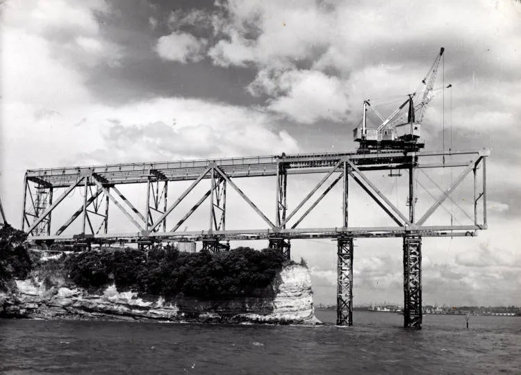 Northern anchorage under construction, Auckland Harbour Bridge, Northcote Point.